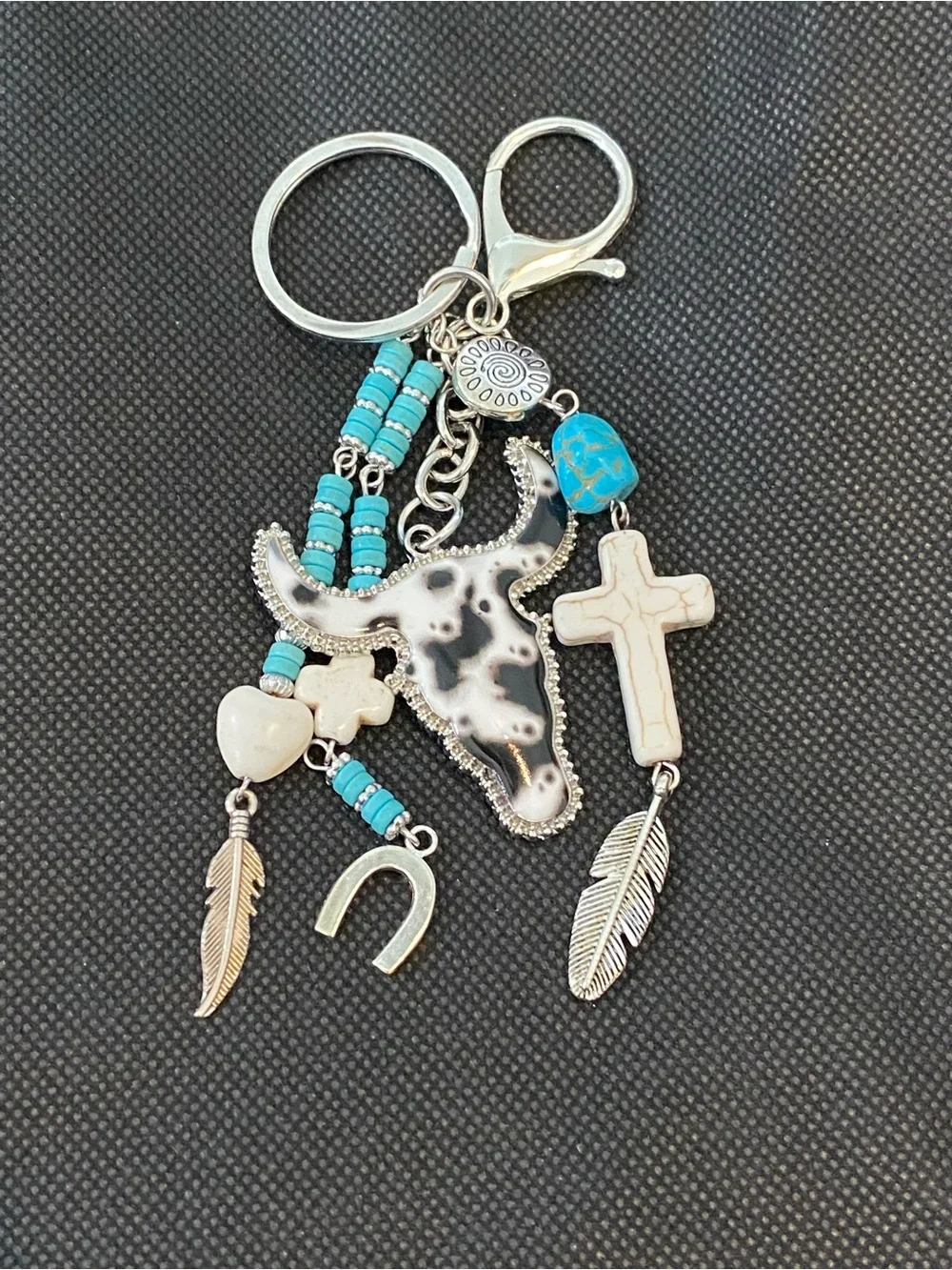 Turquoise Bead Western Bag Charm or Keychain with Longhorn & Cross